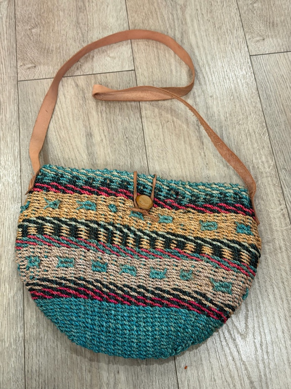 Handwoven Teal and Multicolor Raffia Crossbody Bag